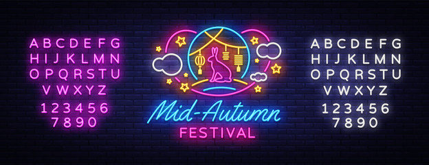 Happy Mid Autumn Festival neon sign vector. Mid Autumn Design template web, banner, poster, greeting card, party invitation, light banner. Isolated Vector illustration. Editing text neon sign
