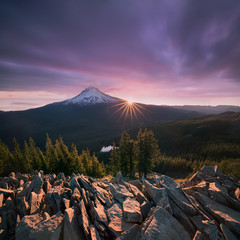 Majestic View of Mt. Hood on a bright, colorful sunset during the summer months in Mount Hood...