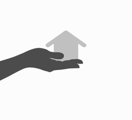 Naklejka premium Vector illustration logo mockup - home purchase, real estate purchase. Real estate loans. Flat design icon hand and house close-up isolated