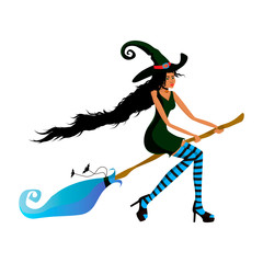 Fototapeta premium Young beautiful dark-skinned witch flies on a broom for a party or a sale. Dark-skinned girl in a witch costume for the Halloween holiday. Vector illustration EPS 8