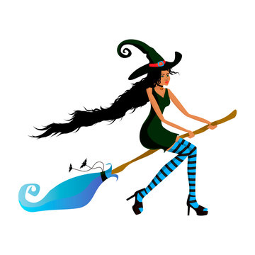 Young beautiful dark-skinned witch flies on a broom for a party or a sale. Dark-skinned girl in a witch costume for the Halloween holiday. Vector illustration EPS 8