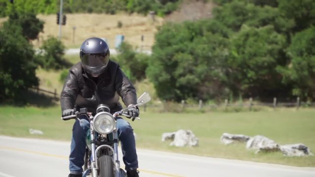 Slow Motion of Motorcyclist Riding With Leather Jacket