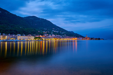 Night view of the city center of Salo on the shores of Lake Garda Italy. Photo taken at long exposure.