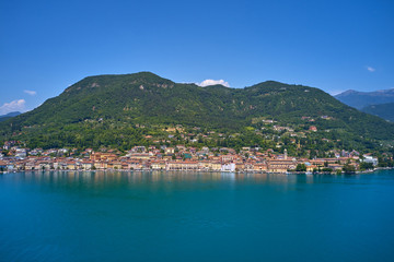 Fototapeta premium Aerial photography with drone. Panoramic view of the center of Salo on Lake Garda, Italy.