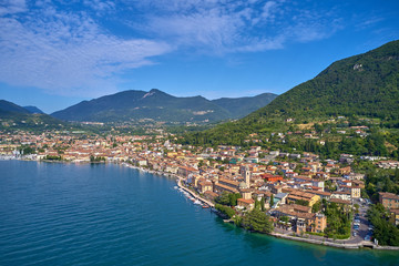 Fototapeta na wymiar Aerial photography with drone. Panoramic view of the center of Salo on Lake Garda, Italy.