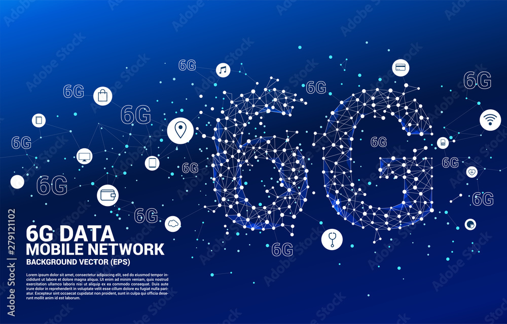 Poster Vector Polygon dot connect line shaped 6G mobile network with function icon. Concept for mobile phone data technology.