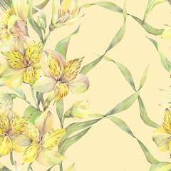 Floral seamless pattern with yellow alstroemeria flowers. Hand painted watercolor illustration.