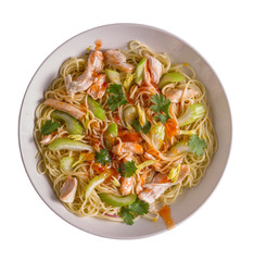Udon with Chicken and Peanut Garlic Sauce without adding sesame in a white bowl isolated on white background.