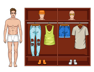 Color vector illustration of a male modern wardrobe for the summer. A man stands next to a closet with clothes. Two urban image for a male summer wardrobe. Male doll with clothes and wardrobe