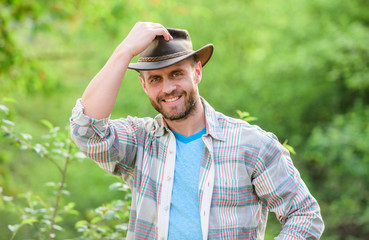 successful sexy farmer. farming and agriculture cultivation. Gardening ranch. Eco farm worker. Harvest. happy earth day. Eco living. ranch man in cowboy hat care plants. Nature needs your care
