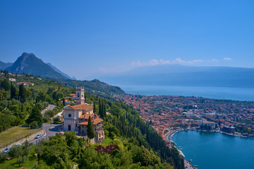 Fototapeta na wymiar Aerial photography with drone. Italian town Toscolano Maderno on Lake Garda.