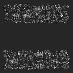 Vector pattern with easter and spring elements. Eggs in basket, bunny, flowers, birds