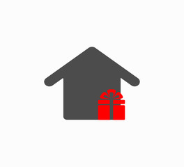 Vector home icon and gift box close-up. Layout logo for real estate company - buying and selling real estate. Renting a home, selling a home - a business layout logo