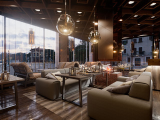 Modern Interior design of the restaurant and chair,wooden table, on the brick wall. 3d rendering