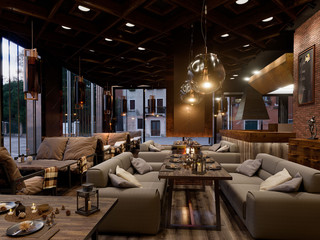 Modern Interior design of the restaurant and chair,wooden table, on the brick wall. 3d rendering