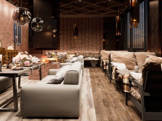 Modern Interior design of the restaurant and chair,wooden table, on the brick wall. 3d rendering