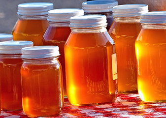 Honey for sale at the Sapulpa Oklahoma Farmers Market on Route 66. Small town USA.