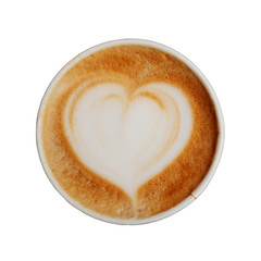 Paper cup of fresh delicious cappuccino coffee with beautiful latte art in the shape of heart isolated on white background. 