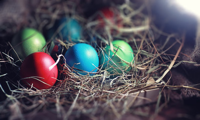 Easter painted eggs on burlap