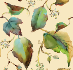 Seamless pattern from watercolor leaves of plants. Handmade watercolor. Paint. Watercolor, gouache. Handwork. Drawing.