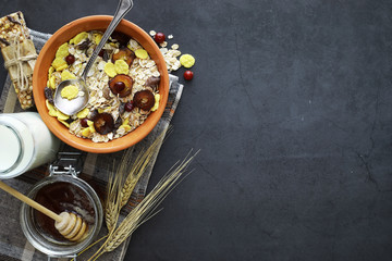 Healthy breakfast. Muesli from cereals with milk berries.