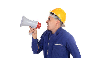 Construction worker with yellow helmet and megaphone