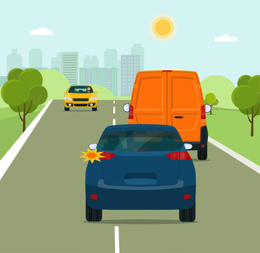 The car is going to overtake on a suburban highway. Vector flat style illustration.