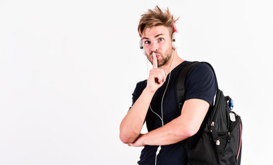 do not disturb. new technology in modern life. sexy muscular man listen music. man listen new song...