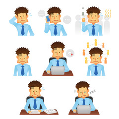 Young asian businessman vector illustration set (upper body) / stress, frustration, fatigue.