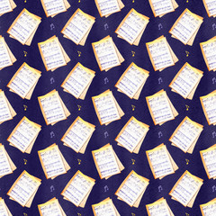 seamless pattern with blue musical notes and signs. Hand drawn bright watercolor elements on white background.