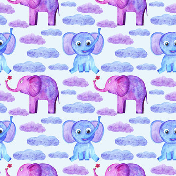 watercolor cute elephants and clouds seamless pattern.