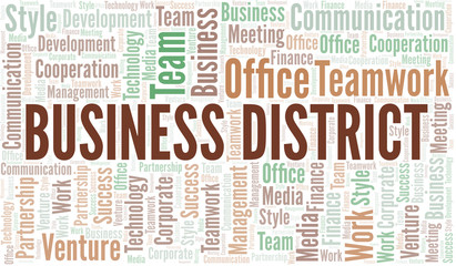 Business District word cloud. Collage made with text only.