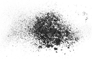 Fototapeta premium Black charcoal dust, gunpowder isolated on white background and texture, top view