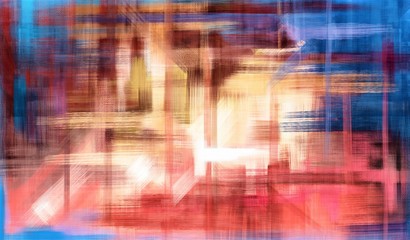 Obraz premium Long brush strokes abstract painting. Bright artwork with coral and blue accents. Square mesh made with dark paint strokes