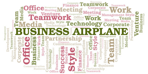 Business Airplane word cloud. Collage made with text only.