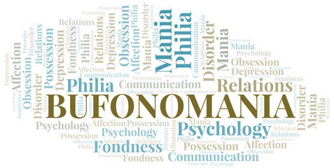 Bufonomania word cloud. Type of mania, made with text only.