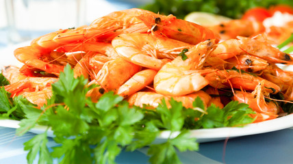 cooked prawns on plate close up