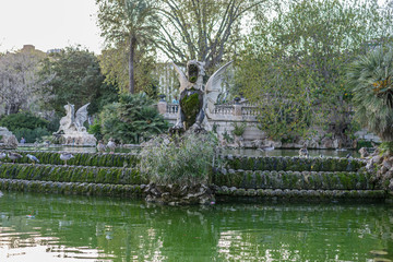 Golden horses and gargoyles in the Citadel Park, Located in the neighborhood of La Ribera, the Ciutadella Park is the largest park in Barcelona. Spain