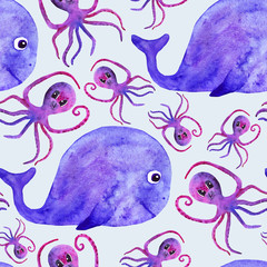 watercolor cute whale and octopus seamless pattern. fun pattern for kids. underwater world. © Ирина Самойлова