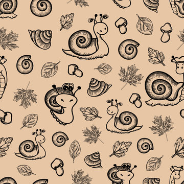 argonaut pattern of snails with shells mushrooms leaves children's background autumn wallpaper