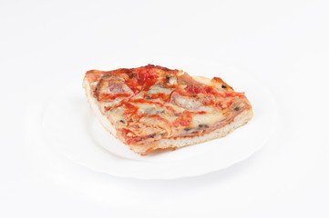 A delicious homemade pizza on a plate isolated on a white background