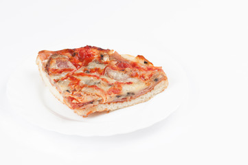 A delicious homemade pizza on a plate isolated on a white background