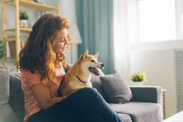 Pretty redhead woman is hugging cute doggy sitting on couch in apartment smiling enjoying beautiful...