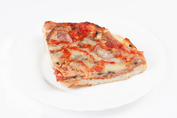 A delicious homemade pizza on a plate isolated on a white background