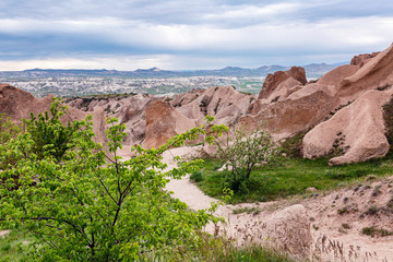 Valley with the sandy mountains of Cappadocia. Beautiful landscape.