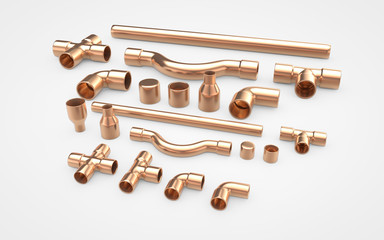 Set of copper pipes fittings. 3d rendering isolated on white