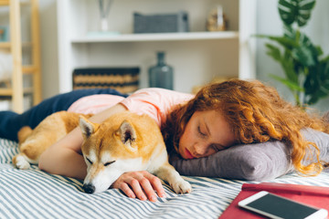 Pretty teenage girl is sleeping at home hugging adorable shiba inu dog in sleep lying on couch in...