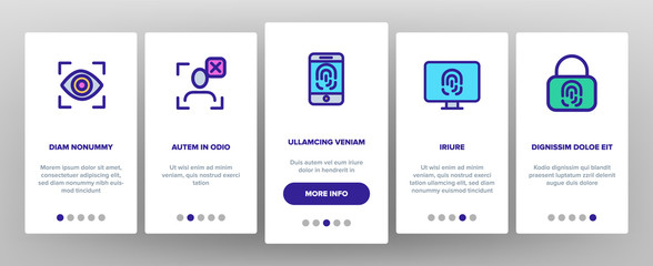 Verification of ID Vector Onboarding Mobile App Page Screen. Verification, Biometric Data Encryption Linear Pictograms. Person Identification, Fingerprint Check, Facial Features Scanning Illustrations