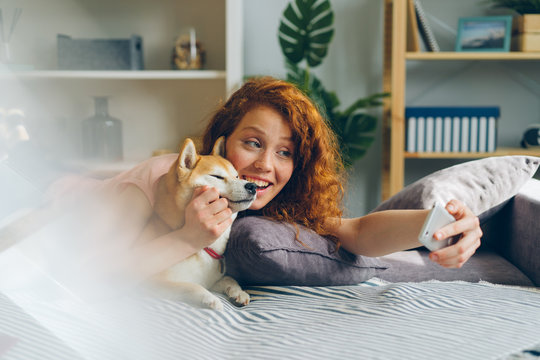 Pretty woman taking selfie with dog lying on couch in apartment posing for smartphone camera smiling having fun with adorable animal. People and pets concept.
