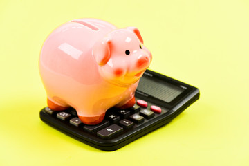 money saving. Accounting and payroll. moneybox with calculator. Piggy bank. income capital...